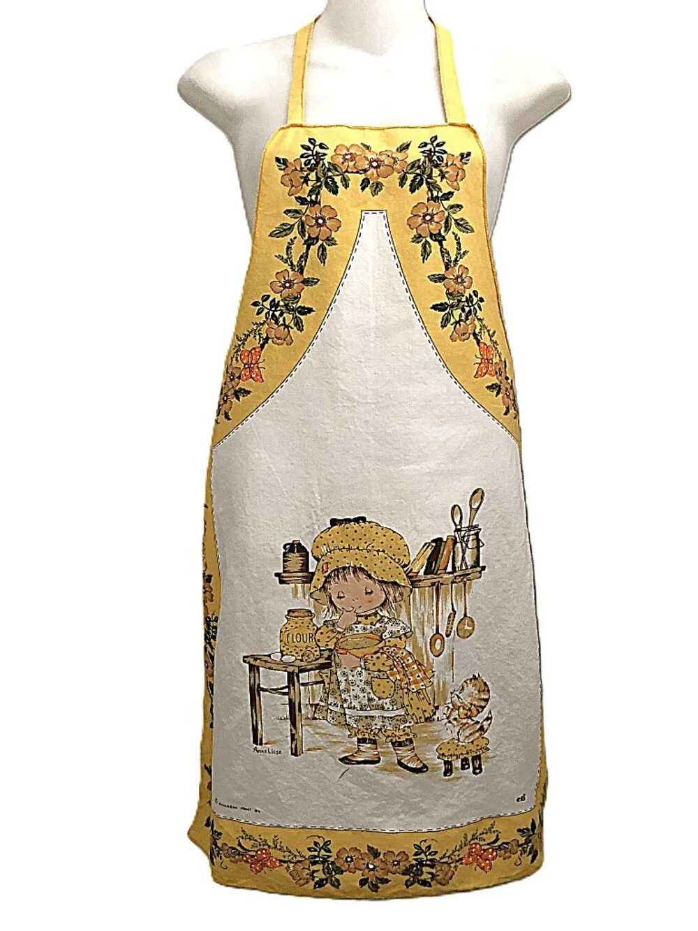 Vintage 70s Bib Apron Anne Liese Sweet Bonnet Wearing Girl with Kitten